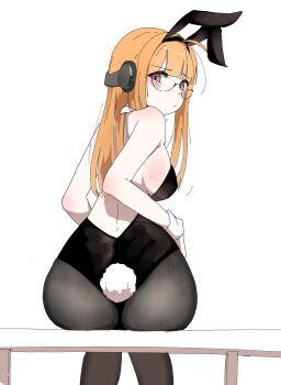 1girl absurdres animal_ears ass bare_shoulders bench black_ears black_leotard blunt_bangs breasts commentary detached_collar english_commentary fake_animal_ears fake_tail glasses hands_on_own_hips headphones highres leotard long_hair looking_back medium_breasts nervous orange_hair pantyhose parted_lips persona persona_5 pink_eyes playboy_bunny rabbit_ears rabbit_tail sakura_futaba semi-rimless_eyewear shiny_skin sideboob sitting solo sukawi_(sukawi2992) tail under-rim_eyewear