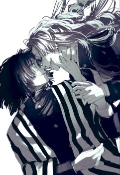 1boy 1girl braid braided_twintails closed_eyes couple crying crying_with_eyes_open demon_slayer_uniform face-to-face greyscale grin hand_grab hand_on_another&#039;s_cheek hand_on_another&#039;s_face haori hetero highres iguro_obanai jacket japanese_clothes kanroji_mitsuri kimetsu_no_yaiba long_hair long_sleeves looking_at_another mau_sakura monochrome parted_lips profile scar scar_on_face short_hair simple_background smile striped_haori tears white_background