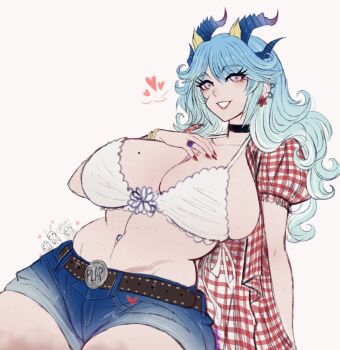 1girl aqua_eyes aqua_hair belt black_choker blue_shorts body_freckles bra breasts brown_belt choker cleavage cosplay denim denim_shorts ear_piercing earrings female_focus freckles gingham_shirt hand_on_own_chest heart highres horns huge_breasts jewelry kwon_eun-bi kwon_eun-bi_(cosplay) mole mole_on_breast navel_piercing omiza_somi open_clothes open_shirt original piercing red_pupils short_sleeves shorts solo underwear wavy_hair white_background white_bra xkhwa_(omiza_somi)