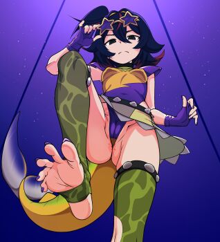 absurdres cameltoe commentary crayonvt crocodilian_tail english_commentary feet fingerless_gloves five_nights_at_freddy's foot_focus gloves highres looking_at_viewer looking_down montgomery_gator sdamhp sunglasses tail thighhighs virtual_youtuber