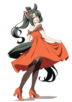 1girl absurdres animal_ears baasaku_(balasaku24) bare_shoulders black_hair black_thighhighs dress ear_ornament ear_through_crown ears_through_headwear full_body green_eyes green_hair hair_between_eyes high_heels highres horse_ears horse_girl horse_tail long_hair looking_at_viewer multicolored_hair off-shoulder_dress off_shoulder open_mouth orange_dress satono_crown_(umamusume) side_ponytail simple_background smile solo streaked_hair tail thighhighs umamusume white_background white_hair