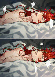 Rule 34 | 1boy, bed sheet, blush, closed eyes, diluc (genshin impact), eriimyon, from side, genshin impact, hair between eyes, highres, long hair, lying, male focus, nipples, nude, on back, parted lips, pectorals, red hair, scar, scar on chest, scar on face, solo, sweatdrop, teeth, upper teeth only