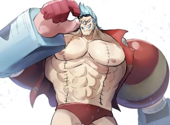 1boy abs artist_request bara bare_pectorals briefs bulge cowboy_shot cyborg franky_(one_piece) grin highres huge_pectorals large_hands looking_at_viewer male_focus male_underwear muscular muscular_male navel nipples one_piece oversized_limbs pectorals red_male_underwear short_hair smile solo standing stitches stomach strongman_waist sunglasses underwear