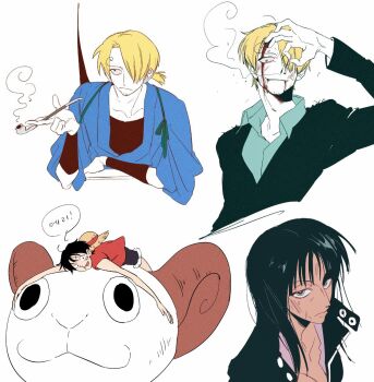 Rule 34 | 1girl, 2boys, alternate hairstyle, bad id, bad twitter id, black hair, blue eyes, blunt bangs, collarbone, curly eyebrows, facial hair, formal clothes, goatee, going merry, hair over one eye, hat, hiems xii, highres, holding, holding smoking pipe, looking at viewer, lying, monkey d. luffy, multiple boys, multiple views, nico robin, nico robin (water 7), official alternate costume, on stomach, one piece, ponytail, red shirt, sanji (one piece), shirt, shorts, smile, smoking pipe, straw hat, suit