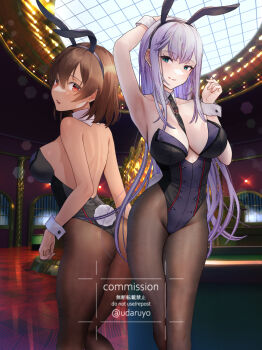 2girls animal_ears aqua_eyes arm_up armpits ass backless_leotard bare_arms bare_back black_leotard black_necktie black_pantyhose blurry bokeh breasts brown_hair brown_pantyhose casino commission depth_of_field detached_collar dot_nose double-parted_bangs fake_animal_ears fake_tail from_behind hair_between_eyes highleg highleg_leotard indoors large_breasts legs legs_together leotard long_hair looking_at_viewer medium_hair multiple_girls necktie open_mouth original pantyhose parted_bangs playboy_bunny purple_hair rabbit_tail red_eyes reflective_floor sideboob skeb_commission sparkle standing strapless strapless_leotard tail twitter_username udaruyo watermark wrist_cuffs