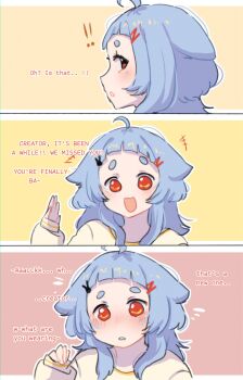 1girl blue_hair comic looking_at_viewer neqo_(character) neqo_(neneneqo) red_eyes simple_background solo tagme