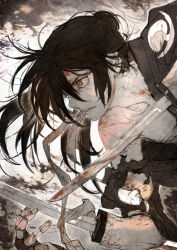 Rule 34 | 1boy, amputee, bandages, black hair, blood, blood on face, commentary request, determined, dororo (tezuka), guest art, hair between eyes, highres, hyakkimaru (dororo), japanese clothes, kimono, long hair, male focus, off shoulder, ponytail, prosthesis, red eyes, solo, sword, toi8, torn clothes, weapon