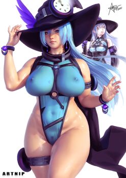 1girl adapted_costume armlet artnip belly black_hat black_scarf blue_eyes blue_hair blue_leotard bracelet breasts character_request chest_harness commentary copyright_request covered_erect_nipples covered_navel cowboy_shot crossed_bangs curvy earrings english_commentary harness hat huge_breasts inset jewelry leotard lips long_hair looking_at_viewer nose redrawn scarf skindentation solo standing sweat thick_thighs thigh_strap thighs witch_hat