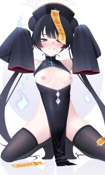 1girl absurdres alternate_costume bare_shoulders black_dress black_eyes black_hair black_hat black_sleeves black_thighhighs blue_archive blush braid braided_bun breast_cutout breasts china_dress chinese_clothes cleft_of_venus clothing_cutout commentary cosplay detached_sleeves diamond_cutout dot_nose double_bun dress english_commentary full_body grey_halo grin hair_bun half-closed_eyes halo hands_up hat highres hitodama jiangshi jiangshi_costume kisaki_(blue_archive) loli long_hair long_sleeves looking_at_viewer navel navel_cutout nipples no_shoes ofuda ofuda_on_head parted_lips pelvic_curtain sitting sleeves_past_fingers sleeves_past_wrists small_breasts smile solo squatting thighhighs twintails variant_set very_long_hair wariza z.taiga