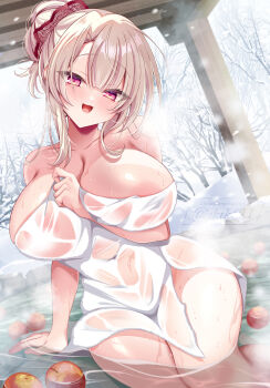 Rule 34 | 1girl, afloat, akatsuki (aktk511), areola slip, blush, breasts, brown hair, cleavage, collarbone, commentary request, covered navel, curvy, day, floating, floating object, food, fruit, grey sky, hair between eyes, hair bun, highres, large breasts, looking at viewer, mandarin orange, naked towel, nude, onsen, original, outdoors, overcast, see-through towel, sky, smile, snow, towel, tree, wet, wet towel, winter