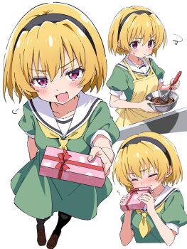 Rule 34 | 1girl, :d, apron, black pantyhose, blonde hair, blush, bowl, box, brown shoes, closed mouth, cooking, dress, fang, flying sweatdrops, full body, green dress, highres, higurashi no naku koro ni, holding, holding bowl, holding box, holding whisk, houjou satoko, looking at viewer, mixing bowl, multiple views, neckerchief, niyane, open mouth, pantyhose, pink eyes, puff of air, red ribbon, ribbon, sailor collar, sailor dress, shoes, short hair, simple background, skin fang, smile, squiggle, standing, sweatdrop, whisk, white background, white sailor collar, yellow apron, yellow neckerchief
