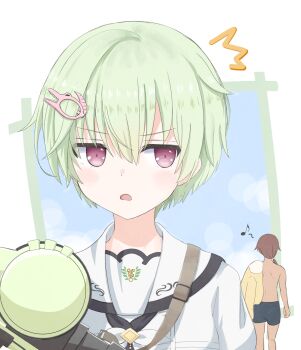 Rule 34 | 1boy, 1girl, ^^^, ame wa, blue background, blush, border, commentary, crocodile hair ornament, d:, dark-skinned male, dark skin, frown, green hair, hair between eyes, highres, long hair, looking at viewer, low ponytail, mitani ryouichi, nomura miki, open mouth, outside border, ponytail, red eyes, sailor collar, school uniform, serafuku, shirt, short hair, simple background, solo focus, summer pockets, summer pockets school uniform, topless male, untranslatable commentary, v-shaped eyebrows, water gun, white border, white sailor collar, white shirt