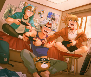 1girl 2boys alternate_costume animal_ears animal_hood aqua_eyes aqua_hood arataki_itto backpack bag bed black_pants blonde_hair blush breasts brown_hair chair chalseu chest_tattoo choker closed_mouth colored_inner_hair controller dog_boy dog_ears dog_hood earrings game_controller genshin_impact gorou_(genshin_impact) grey_pants hair_between_eyes hair_ornament highres holding holding_controller holding_game_controller hood hood_up hooded_jacket horns jacket jewelry joystick long_hair multicolored_hair multiple_boys open_mouth orange_eyes orange_jacket pants purple_tank_top red_choker red_eyes red_hair shirt smile streaked_hair tank_top tattoo white_hair white_shirt white_tank_top yoimiya_(genshin_impact)