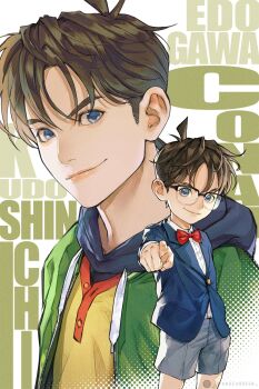 Rule 34 | 1boy, blue eyes, blue jacket, bow, bowtie, brown hair, character name, closed mouth, commentary, cowboy shot, edogawa conan, english commentary, green jacket, highres, instagram username, jacket, kudou shin'ichi, male focus, meitantei conan, mixed-language commentary, red bow, red bowtie, shirt, short hair, shorts, smile, upper body, wandzardeen, white shirt