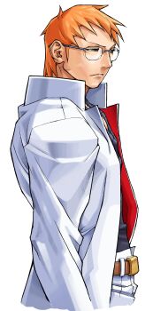 Rule 34 | 1boy, absurdres, black sweater, cropped legs, edaki shin'ya, from side, gakuran, game cg, glasses, highres, jacket, justice gakuen, kagami kyosuke, male focus, moero! justice gakuen, non-web source, official art, open clothes, open jacket, orange hair, school uniform, shoes, short hair, simple background, sneakers, solo, sweater, v-neck, white background, white gakuran