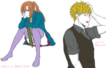 Rule 34 | 1boy, 1girl, :t, argyle clothes, argyle necktie, arm support, arm up, asymmetrical bangs, bags under eyes, black vest, blazer, blonde hair, blue jacket, blunt bangs, braid, breasts, brown shirt, casual, checkered clothes, checkered necktie, chidouin sara, closed mouth, collared shirt, colored skin, convenient censoring, convenient leg, dated, expressionless, feet, formal clothes, from side, full body, green necktie, grey eyes, grey shirt, grin, half-closed eyes, hand in own hair, hand on own cheek, hand on own face, hand on own head, hand up, hatching (texture), head rest, high ponytail, highres, jacket, jitome, kimi ga shine, knees up, lapels, leaning forward, legs, long hair, long sleeves, looking at viewer, looking to the side, medium breasts, miniskirt, muscular, muscular male, necktie, no shoes, notched lapels, open clothes, open jacket, open mouth, orange hair, pale-skinned, pale-skinned-female, pale-skinned-male, pale skin, parted lips, photoshop (medium), plaid clothes, plaid necktie, pleated skirt, ponytail, ponytail with braided base, pout, purple eyes, purple skirt, purple stockings, sanpaku, school uniform, shinogi keiji, shirt, short hair, short sleeves, side ponytail, sidelocks, sideways glance, sideways mouth, simple background, sitting, skirt, sleeves pushed up, sleeves rolled up, smile, smirk, spiked hair, suit, thighhighs, thighs, toned, toned male, tongue, tongue out, twitter username, unmoving pattern, upper body, upskirt, vest, waistcoat, white background, white skin, wing collar, zettai ryouiki