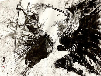 Rule 34 | 2boys, angel wings, attack, battle, braid, clenched teeth, epic, fighting, fire, formal clothes, gloves, hair pulled back, hand in own hair, injury, jacket, jumping, king (one piece), long hair, looking at another, looking at viewer, manly, monochrome, multiple boys, muscular, one piece, pectorals, roronoa zoro, scar, scar across eye, scar on face, serious, shaded face, sheath, single braid, size difference, suit, tattoo, teeth, wings