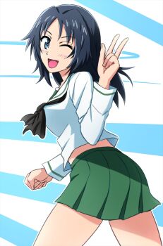 Rule 34 | 1girl, black neckerchief, blue eyes, girls und panzer, highres, long hair, neckerchief, omachi (slabco), one eye closed, ooarai school uniform, school uniform, smile, solo, yamagou ayumi