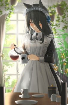 Rule 34 | alternate costume, alternate hairstyle, animal ears, apron, black dress, black hair, blue flower, blush, bow, bowtie, closed mouth, coffee, coffee mug, cup, dress, flower, hair between eyes, hair flower, hair ornament, highres, holding, holding coffee pot, holding cup, horse ears, horse girl, horse tail, long hair, maid, maid apron, maid headdress, manhattan cafe (umamusume), mug, tail, umamusume, vami, white apron, white bow, white bowtie, yellow eyes