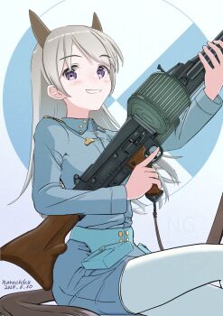 1girl animal_ears bilingual_commentary blue_jacket blush commentary dated eila_ilmatar_juutilainen finnish_commentary fox_ears fox_girl grin gun highres holding holding_gun holding_weapon jacket long_hair looking_at_viewer machine_gun mg42 military military_uniform mixed-language_commentary naruchisukisuki pantyhose parted_lips revision sitting smile solo strike_witches trigger_discipline watermark weapon white_hair white_pantyhose world_witches_series