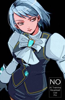 1girl ace_attorney black_background black_skirt black_vest blue_hair bow closed_mouth earrings expressionless franziska_von_karma grey_eyes jewelry juliet_sleeves long_sleeves looking_to_the_side mole mole_under_eye puffy_sleeves rat_nkmi short_hair skirt solo vest white_bow