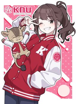 Rule 34 | 1girl, absurdres, black eyes, blue pants, blush, border, brown hair, commentary, cow horns, cow tail, cowboy shot, creature, emblem, grin, hand in pocket, highres, hooves, horns, jacket, korean text, letterman jacket, long sleeves, looking at viewer, medium hair, multicolored jacket, one eye closed, original, outline, outside border, pants, pink background, polka dot, polka dot background, ponytail, puffy long sleeves, puffy sleeves, red jacket, sidelocks, smile, solo, standing, tail, two-tone jacket, v, vector (dmlddmld00), wavy hair, white border, white jacket, white outline