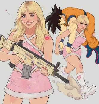 Rule 34 | 1boy, 1girl, assault rifle, bare shoulders, black hair, blonde hair, breasts, commentary, dougi, dragon ball, dress, english commentary, fn scar 16, fortnite, gun, highres, holding, holding gun, holding weapon, long hair, muscular, muscular male, real life, rifle, sabrina carpenter, saiyan, simple background, smile, son goku, spiked hair, trigger discipline, weapon, wristband, yoracrab