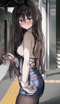 1girl absurdres animal_ears back bare_shoulders black_hair black_leotard black_pantyhose blush breasts cellphone condom condom_wrapper cuffs denim denim_shorts detached_collar fake_animal_ears hair_between_eyes highres holding holding_phone iseya_chiyori_(saya) lace-up_top leotard long_hair looking_at_viewer looking_back medium_breasts no_bra original pantyhose phone playboy_bunny pocket purple_eyes rabbit_ears saya_(mychristian2) shorts sideboob smartphone solo strapless strapless_leotard sweatdrop train train_station train_station_platform wrist_cuffs