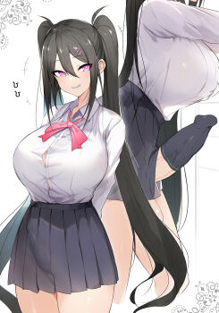 1futa black_hair blouse blush breasts bulge button_gap collared_shirt condom cowboy_shot erection erection_under_clothes eyes_visible_through_hair futanari grin hair_between_eyes hair_ornament hairclip highres large_breasts large_penis long_hair looking_at_viewer luse_maonang multiple_views original penis penis_sheath pleated_skirt purple_eyes sharp_teeth shirt shirt_tucked_in simple_background skirt smile socks standing taut_clothes taut_shirt teeth tented_shirt twintails veins veiny_penis very_long_hair white_background white_shirt