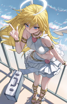1girl absurdres angel_wings blonde_hair blue_eyes breasts chinese_commentary commentary_request gladiator_sandals halo highres long_hair looking_at_viewer medium_breasts navel panty_&amp;_stocking_with_garterbelt panty_(psg) sandals skirt solo standing traditional_halo white_skirt winged_sandals wings xzu