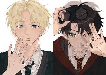 2boys black_hair blonde_hair blood blue_eyes closed_mouth collar crying draco_malfoy eyebrows_hidden_by_hair eyelashes glasses green_eyes gryffindor hand_up harry_potter harry_potter_(series) hogwarts_school_uniform holding holding_glasses kentyyyyy_1132 lightning_bolt_symbol male_focus messy_hair multiple_boys necktie panels parted_bangs scar scar_on_face scar_on_forehead school_uniform shadow shirt short_hair simple_background slytherin striped_necktie tears white_background white_shirt wing_collar wizarding_world yaoi