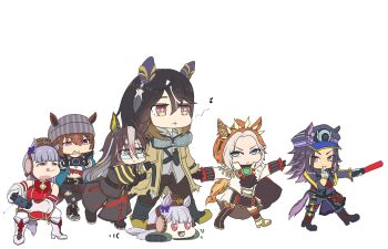 :d animal_ears armband ascot asymmetrical_shirt beanie black_ascot black_boots black_coat black_gloves black_hair black_pants blowing_whistle blue_coat blue_eyes blunt_bangs boots bow bowtie brown_eyes brown_hair coat commentary_request controller denim dream_journey_(reminder_of_dreamland)_(umamusume) dream_journey_(umamusume) dress ear_bow ear_covers ears_through_headwear epaulettes fenomeno_(black_flames_of_the_righteous_spirit)_(umamusume) fenomeno_(umamusume) fingerless_gloves flipped_hair game_controller gem glasses gloves goggles goggles_around_neck gold_ship_(red_strife)_(umamusume) gold_ship_(umamusume) gradient_hair green_gem grey_hair grey_hat hair_between_eyes handheld_game_console hat highres holding holding_controller holding_game_controller holding_whistle horse_ears horse_girl horse_tail horseshoe_hat_ornament horseshoe_ornament jeans kayachiyo knife_sheath lace lace_sleeves long_hair long_sleeves multicolored_hair musical_note nakayama_festa_(shichuukyuukatsu)_(umamusume) nakayama_festa_(umamusume) open_mouth orange_hair orfevre_(control)_(umamusume) orfevre_(umamusume) pants peaked_cap pillbox_hat playstation_controller playstation_portable puffy_sleeves purple_bow purple_eyes purple_hair red_bow red_bowtie red_dress sheath shirt simple_background single_ear_cover single_epaulette sleeveless sleeveless_dress smile stay_gold_(sunlit_outsider)_(umamusume) stay_gold_(umamusume) stay_gold_clan_(umamusume) striped_armband striped_clothes striped_hat tail torn_clothes torn_coat torn_jeans torn_pants torn_shirt two-tone_hair umamusume whistle white_background white_boots white_gloves white_hair white_shirt white_streaks wrist_belt yellow_coat