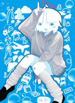 Rule 34 | 1girl, absurdres, ahoge, aircraft, airplane, angel, black outline, black shoes, blue background, bubble, buttons, carrot, chair, chewchewer, cloud, collared shirt, comb, commentary, cool s, detached ahoge, diary, drawn tail, drink carton, english commentary, english text, flower, halo, highres, key, knife, long sleeves, loose socks, microsoft paint (medium), milk carton, nyan (chewchewer), original, outline, paper airplane, plaid clothes, plaid skirt, scissors, shirt, shoes, short hair, skirt, sleeves past fingers, sleeves past wrists, socks, solo, sparkle, ufo, v, white shirt, white socks, yo-yo