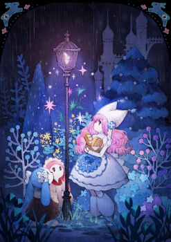 1girl 2others absurdres animal_ears bag baiguiyu bread bush castle commentary_request dress food hat highres holding holding_bag lamppost long_hair multiple_others night original outdoors pink_hair rabbit rain standing tree white_dress white_hat