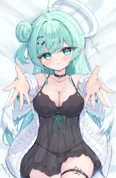 1girl ahoge aqua_eyes aqua_hair arms_up artist_name babydoll bare_shoulders bed_sheet black_choker black_panties blush breasts cardigan choker cleavage collarbone cowboy_shot cross dakimakura_(medium) frilled_panties frills from_above gluteal_fold hair_bun hair_ornament hairpin halo highres large_breasts long_hair long_sleeves looking_at_viewer lying mikaze_oto navel off_shoulder on_back on_bed open_cardigan open_clothes open_mouth original outstretched_arms panties see-through_clothes single_hair_bun single_side_bun solo thigh_strap twitter_username underwear very_long_hair white_cardigan