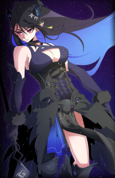 alternate_costume alternate_ears asymmetrical_horns black_gloves black_hair blue_hair breasts colored_inner_hair demon_horns elbow_gloves gloves hair_ornament highres hololive hololive_english horns joeboto large_breasts long_hair looking_at_viewer mole mole_under_eye multicolored_hair nerissa_ravencroft pointy_ears red_eyes two-tone_hair uneven_horns very_long_hair virtual_youtuber
