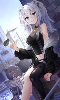 1girl ahoge animal_ears bare_shoulders black_jacket black_pantyhose black_shirt black_skirt blush box breasts brick_wall cleavage closed_mouth crate crop_top ear_piercing explosive feet_out_of_frame fur-trimmed_jacket fur_trim grenade grey_eyes grey_hair hair_between_eyes highres hololive jacket jewelry large_breasts lion_ears lion_tail long_hair looking_at_viewer messy_hair midori_matsukaze midriff miniskirt navel necklace o-ring o-ring_thigh_strap off_shoulder on_box pantyhose piercing see-through_clothes see-through_cleavage shirt shishiro_botan shishiro_botan_(1st_costume) side_slit sidelocks single_leg_pantyhose sitting skin_tight skirt sleeveless sleeveless_shirt smile solo ssrb_(shishiro_botan) tail thigh_strap torn_clothes torn_pantyhose two_side_up virtual_youtuber zipper_skirt
