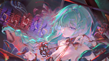 1girl absurdres bandage_over_one_eye bare_shoulders beamed_eighth_notes breasts commentary fingernails flower green_hair grey_eyes highres holding holding_flower long_hair looking_at_viewer medium_breasts musical_note nail_polish nielc27 parted_lips phrolova_(wuthering_waves) portrait red_nails revision solo spider_lily wuthering_waves
