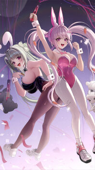 2girls :d alice_(nikke) alice_(wonderland_bunny)_(nikke) animal_ears antenna_hair arm_up armpits black_bow black_bowtie black_leotard bow bowtie breasts carrot_hair_ornament cleavage commentary confetti covered_navel detached_collar earrings fake_animal_ears food-themed_hair_ornament full_body goddess_of_victory:_nikke green_hair green_nails hair_ornament hand_on_own_hip heart heart_antenna_hair highres holding holding_party_popper jewelry large_breasts leotard long_hair looking_at_viewer multiple_girls open_mouth pantyhose party_popper pink_bow pink_bowtie pink_eyes pink_hair pink_leotard playboy_bunny purple_eyes rabbit_ears shanchui_nan shoes smile sneakers soda_(nikke) soda_(twinkling_bunny)_(nikke) stuffed_animal stuffed_toy twintails white_pantyhose white_shoes white_wrist_cuffs wrist_cuffs