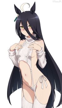 1girl absurdres ahoge animal_ears aran_legwear black_hair breasts commentary cropped_sweater detached_sleeves english_commentary garter_straps hair_between_eyes highres horse_ears horse_girl horse_tail long_hair looking_at_viewer manhattan_cafe_(umamusume) navel paid_reward_available panties ribbed_panties ribbed_sleeves ribbed_sweater ribbed_thighhighs side-tie_panties simple_background sleeveless sleeveless_sweater sleeveless_turtleneck small_breasts solo standing stomach sweater tail thighhighs turtleneck turtleneck_sweater umamusume underwear virgin_destroyer_sweater white_background white_garter_straps white_panties white_sweater white_thighhighs yellow_eyes yisusjpl