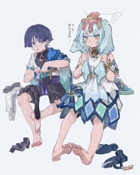 1boy 1girl animal animal_on_head aqua_hair arrow_print barefoot belt black_bodysuit black_bow black_shorts blue_cape blunt_ends bodysuit bow bracelet cape clothing_cutout cowlick dress faruzan_(genshin_impact) feathers genshin_impact gold grabbing_own_hair grey_eyes hair_ornament hakama hakama_shorts highres holding_own_hair japanese_clothes jewelry kimono legs mandarin_collar neck_ring on_head open_clothes open_kimono open_mouth purple_belt purple_hair purple_rope rope scaramouche_(genshin_impact) shorts shoulder_cutout skirt_cutout socks spread_legs squid symbol-shaped_pupils tassel tokodenashi triangle-shaped_pupils twintails unworn_footwear vision_(genshin_impact) wanderer_(genshin_impact) wet wet_clothes white_background white_dress white_kimono white_socks wringing_clothes x_hair_ornament