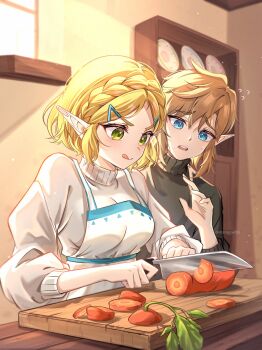 1boy 1girl alternate_costume apron black_sweater blonde_hair blue_eyes braid carrot commentary_request crown_braid flying_sweatdrops green_eyes hair_ornament hairclip highres holding holding_knife indoors kitchen_knife knife korean_commentary link looking_at_another manggwi55 nintendo pointy_ears princess_zelda short_hair smile sweat sweater the_legend_of_zelda the_legend_of_zelda:_tears_of_the_kingdom tongue tongue_out turtleneck turtleneck_sweater twitter_username white_apron