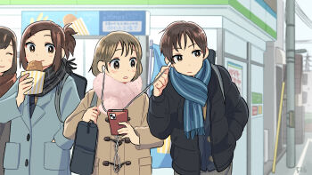 1boy 3girls black_jacket black_scarf blue_coat blue_scarf blush brown_coat brown_eyes brown_hair buttons cellphone closed_eyes coat convenience_store day dot_nose down_jacket earbuds earphones facing_another forehead grey_sky hand_in_pocket highres holding holding_phone jacket kojiro337 layered_clothes light_brown_hair listening_to_music long_bangs long_sleeves looking_to_the_side medium_hair multiple_girls original out_of_frame outdoors parted_bangs phone pink_scarf ponytail power_lines scarf sharing shop short_hair short_ponytail sidelocks signature sky smartphone sweatdrop upper_body utility_pole winter