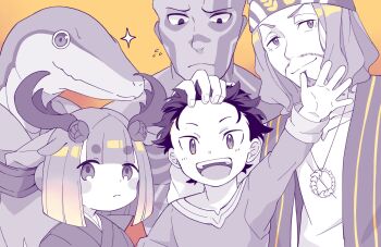 1girl 3boys antlers blush_stickers child hand_on_another&#039;s_head hiain_(re:zero) highres hippie horns idra_(re:zero) japanese_clothes jewelry lizard lizardman looking_at_viewer monochrome multiple_boys natsuki_subaru open_mouth orange_background re:zero_kara_hajimeru_isekai_seikatsu reptile_boy short_hair smile tanza_(re:zero) weitz_(re:zero) yuyuyu9526