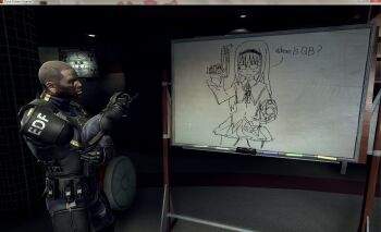 Rule 34 | 10s, akemi homura, akemi homura (magical girl), armor, cwsago, desert eagle, duke nukem, duke nukem forever, english text, eraser, glasses, gun, handgun, highres, mahou shoujo madoka magica, mahou shoujo madoka magica (anime), marker, weapon, whiteboard, whiteboard (medium)