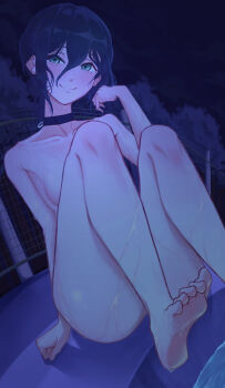 1girl absurdres barefoot biep blush breasts chainsaw_man choker completely_nude convenient_censoring convenient_leg fence green_eyes hair_between_eyes hair_bun highres long_hair_between_eyes night nude pixiv pool poolside purple_hair reze_(chainsaw_man) shounen_jump sideboob small_breasts smile tree