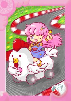 10s 1girl 2017 2023 20s animal animal-themed_vehicle animal_hair_ornament bird blue_dress blue_eyes blush bow car checkered_flag chicken chicken_hair_ornament chinese_zodiac dress flag flower footwear_bow grass hair_ornament happy_new_year heart holding holding_flag long_hair long_sleeves misukomu_plus motion_lines motor_vehicle musical_note new_year one_eye_closed open_mouth original pin pink_flower pink_hair plaid_clothes plaid_skirt pocket racetrack red_flower riding road rooster rooster_hair_ornament shirt shoes shooting_star_hair_ornament sitting skirt sleeveless sleeveless_dress smile smiley_face socks star_(symbol) star_hair_ornament thumbs_up white_bow white_socks wink year_of_the_rooster yellow_flower yellow_shirt yellow_shoes zodiac_girl_(misukomu_plus)