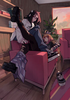 2girls absurdres ankle_boots blonde_hair book bookshelf boots carpet couch denim enna_(togekk0) glasses highres jeans looking_at_viewer lyra_(togekk0) multiple_girls original pants pantyhose pink_eyes plant shirt shoes sneakers sweater t-shirt togekk0