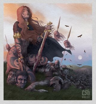 1girl absurdres arm_tattoo armlet armor artist_name barefoot bird blood blood_on_arm blood_on_leg bloody_weapon blue_cloak bracelet celtic christian_sloan_hall cloak commentary crow english_commentary facial_tattoo gold_armlet gold_bracelet gold_necklace grey_eyes head_on_pike highres holding holding_sword holding_weapon jewelry knife leg_tattoo medium_hair moon necklace on_grass original painting_(medium) red_hair roman_armor severed_head solo sword tattoo traditional_media weapon