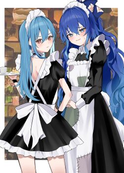 2girls absurdres alternate_costume apron back_bow black_dress blue_bow blue_eyes blue_hair blush bow choker closed_mouth commentary cup dress enmaided food frilled_choker frills hair_bow highres hinanawi_tenshi holding holding_tray juliet_sleeves kaminose_(user_veum4325) long_hair long_sleeves looking_at_viewer looking_back maid maid_apron maid_day maid_headdress multiple_girls orange_eyes pancake patchwork_clothes puffy_short_sleeves puffy_sleeves short_sleeves steam sweatdrop teacup touhou tray very_long_hair white_apron white_bow yorigami_shion